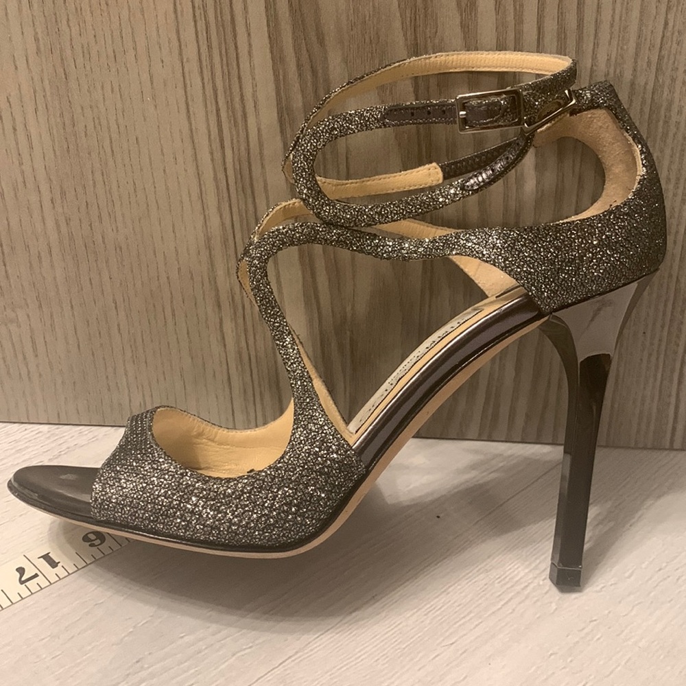 Jimmy CHOO Silver Glitter Strappy High Heel Sandals